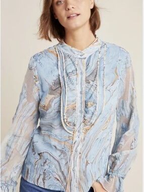 Geisha Designs by Anthropologie Marble-Print Blue & Cream Tie-Neck Blouse